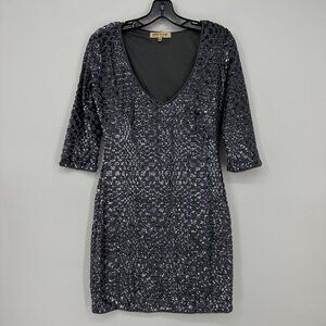 Wow Couture Sequin‎ Bodycon Mini Dress M Fitted Short Party Gunmetal Silver Geo